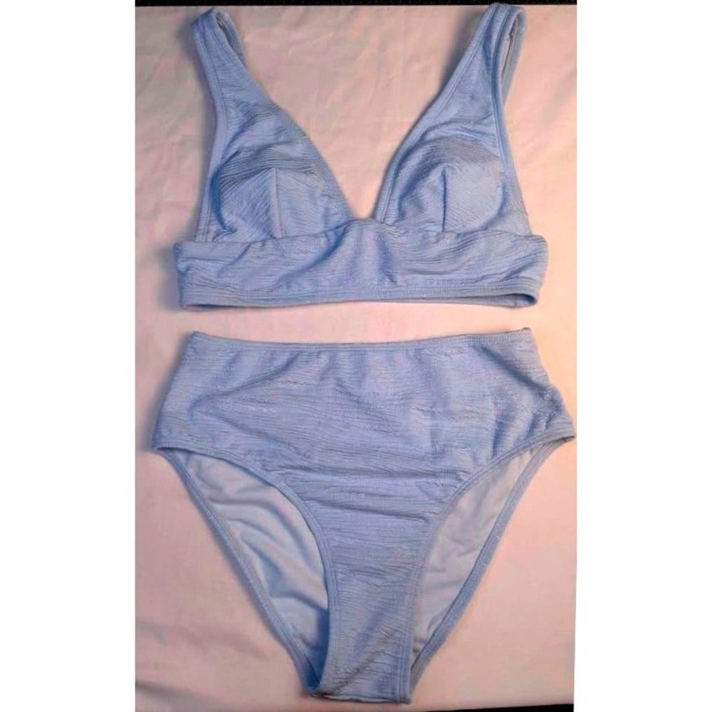 Cupshe ~ Mini Zebra Crinkle Texture ~ High Waist Bikini Set ~ Baby Blue‎ ~ Small